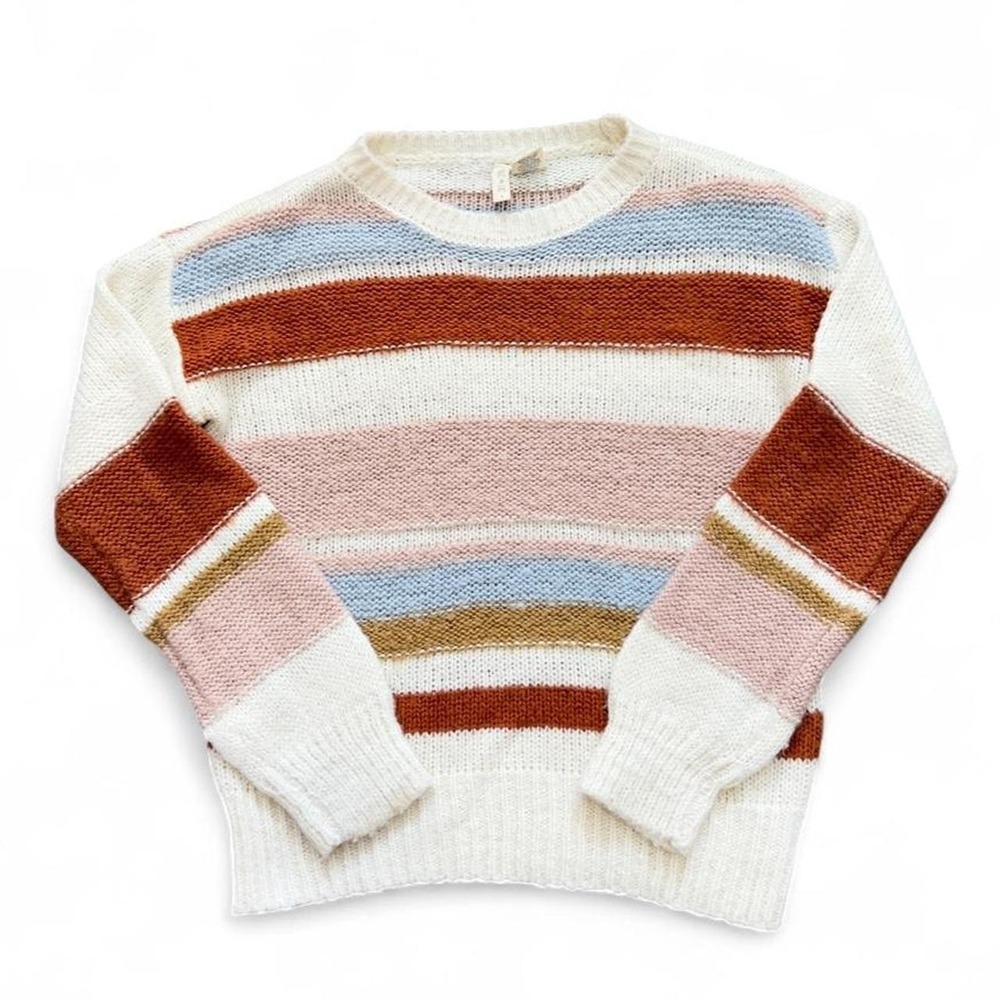 Multi Color Striped Knit Sweater Size Small Boho Crewneck Pullover
